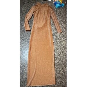 Gold Metallic Shimmer Long Sleeve Maxi Dress Cowl Back High Neck Small